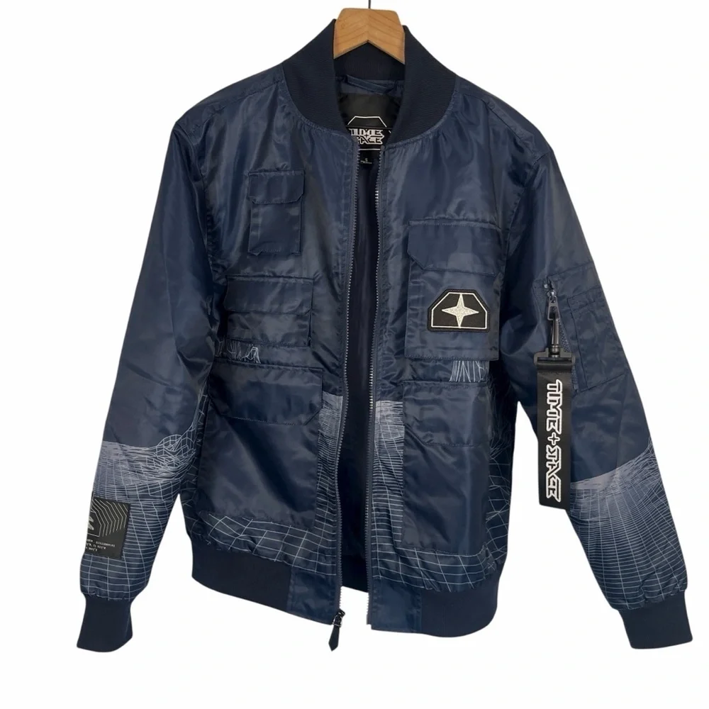 NWOT TIME + SPACE Bomber Jacket with Tag Mens Navy Blue Small Science Fiction